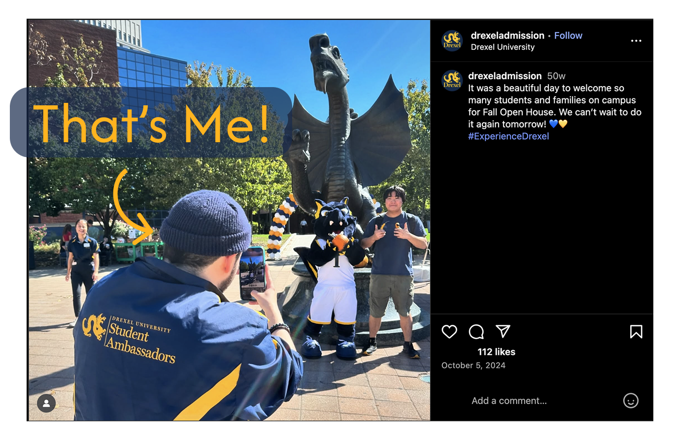 Me featured on Drexel's Instagram account, working an Open House