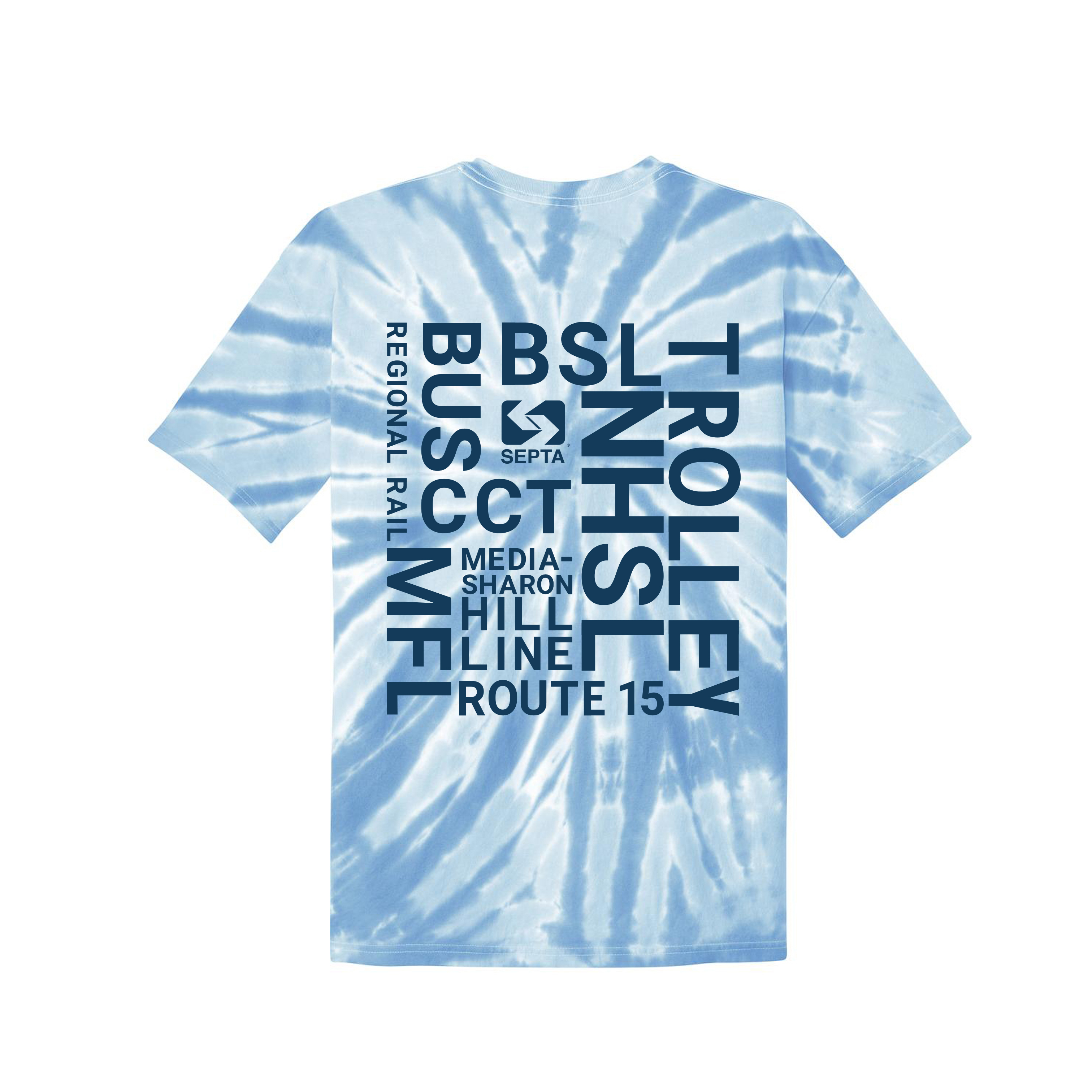 Light blue t-shirt mockup of all modes word design on tie-dye