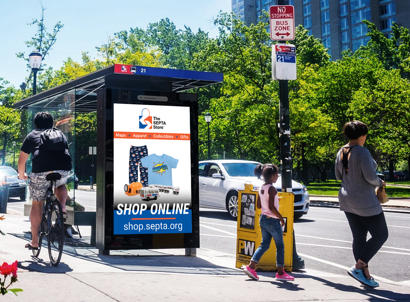 A digital bus shelter with some children's SEPTA merchandise