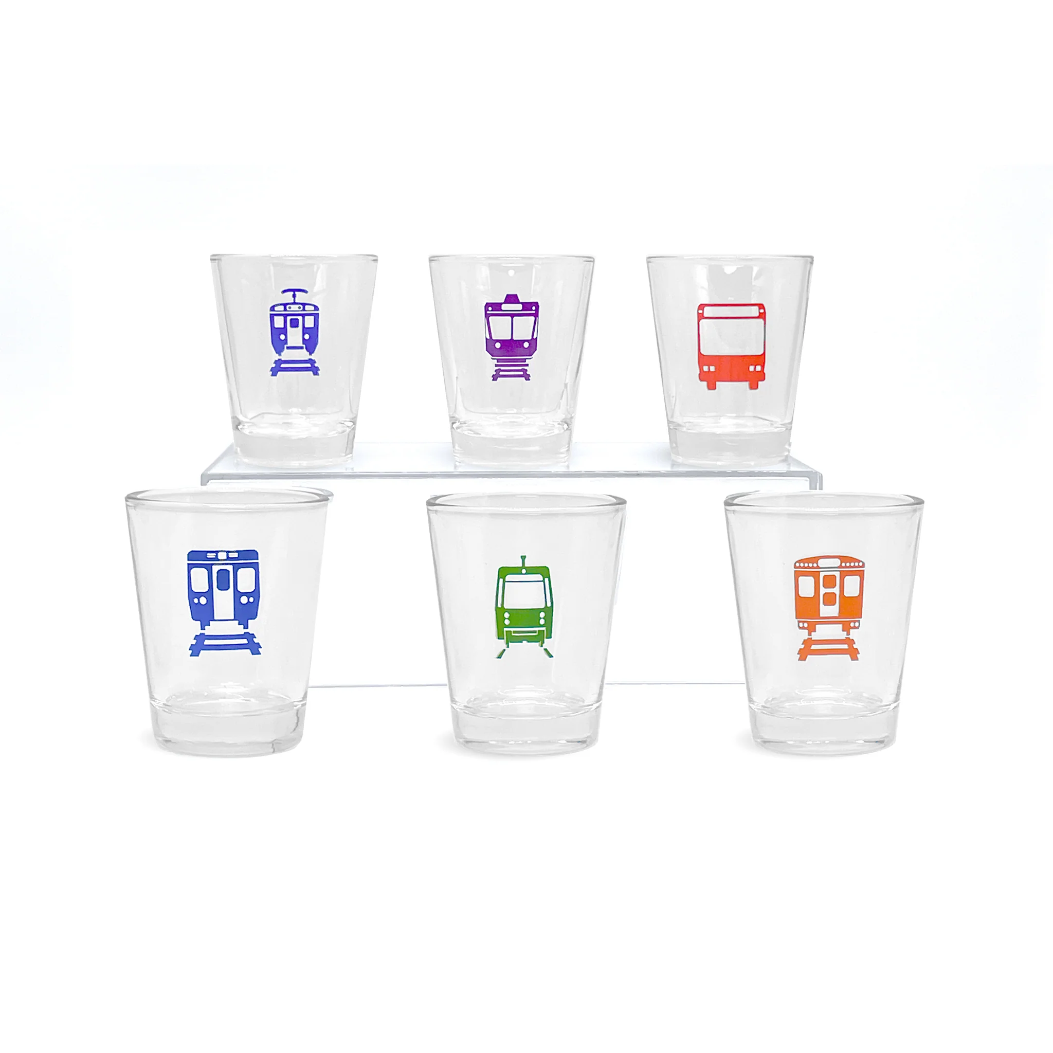 6 shot glasses with six differently colored decals