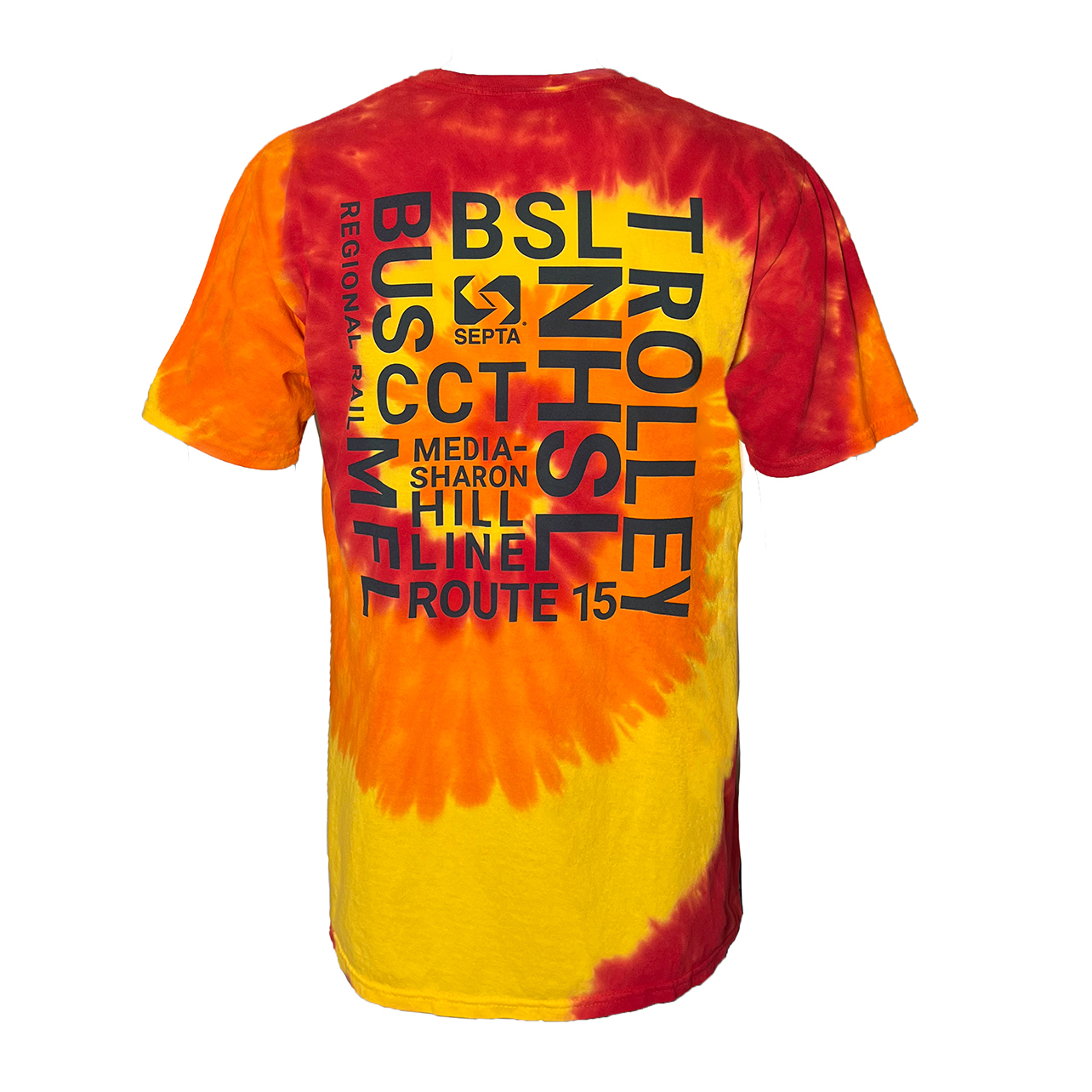 Back of Orange Tie Dye T-shirt design with many different SEPTA words