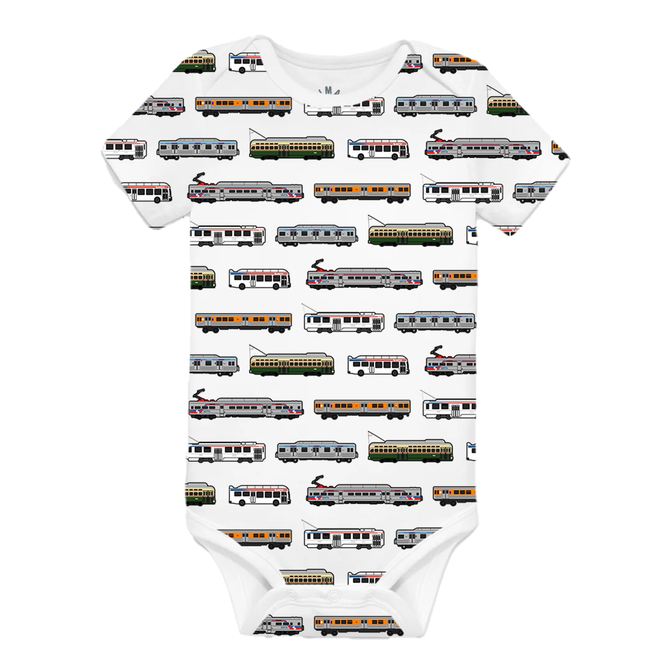 White baby onesie with vehicle design