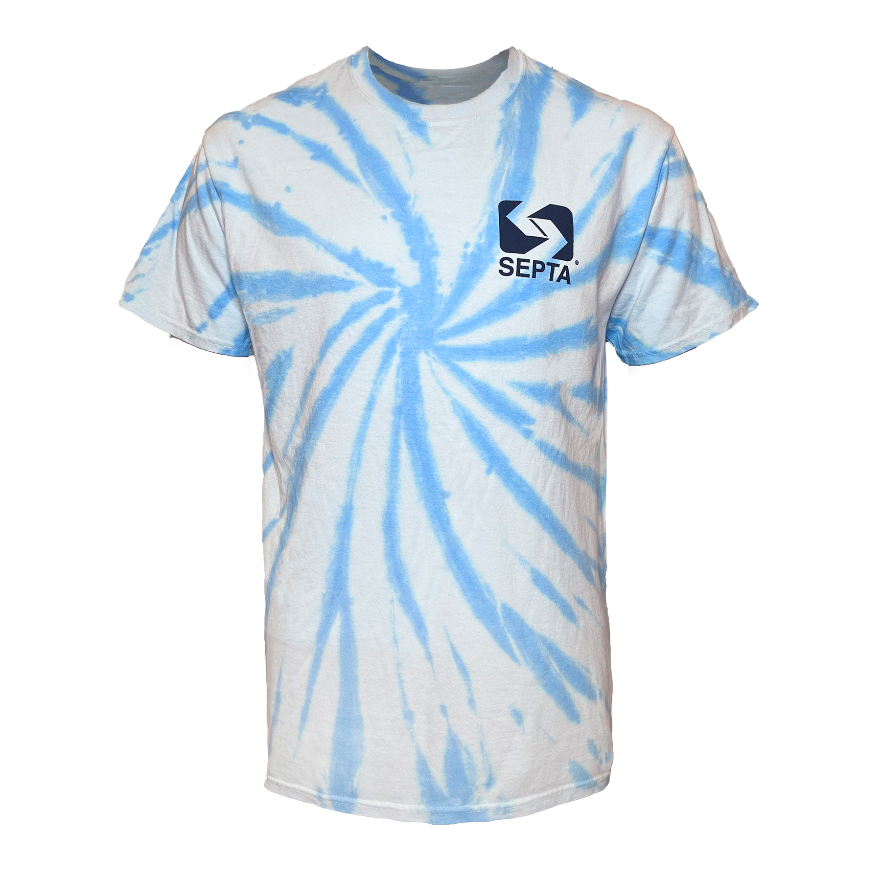 Front of Blue Tie Dye T-shirt with septa emblem on right breast